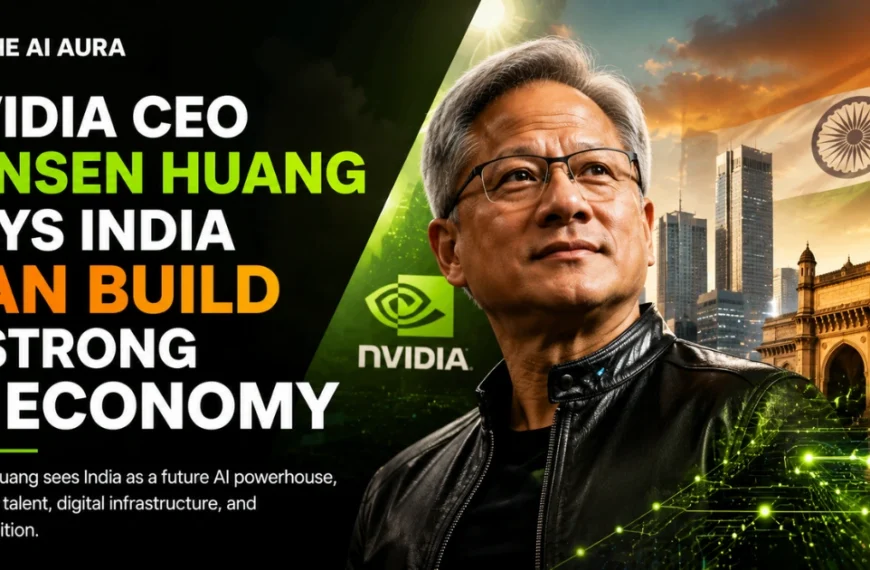 NVIDIA CEO Jensen Huang featured with an India skyline and flag, highlighting India’s potential to build a strong AI economy.