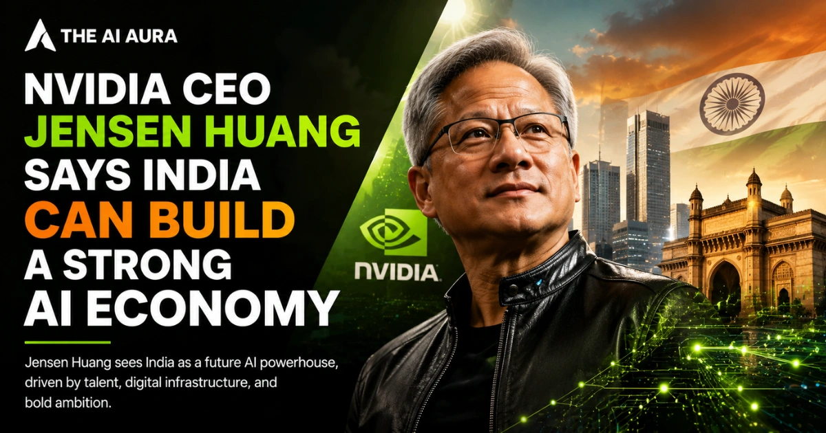NVIDIA CEO Jensen Huang featured with an India skyline and flag, highlighting India’s potential to build a strong AI economy.