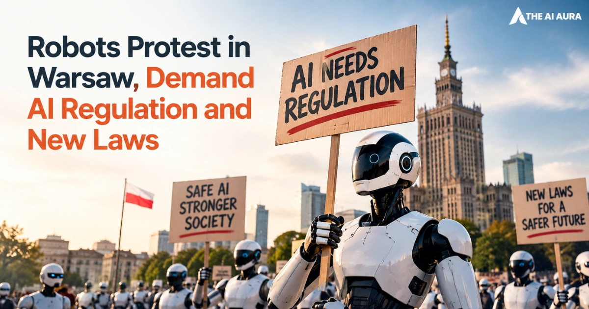 Humanoid robots protest in Warsaw, holding signs calling for AI regulation and new laws, with the Palace of Culture and Science visible in the background