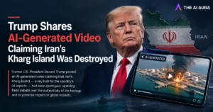 Graphic featuring Donald Trump, a map of Iran, and a smartphone displaying an AI-generated video of an oil facility explosion, with the headline: “Trump Shares AI-Generated Video Claiming Iran’s Kharg Island Was Destroyed.”