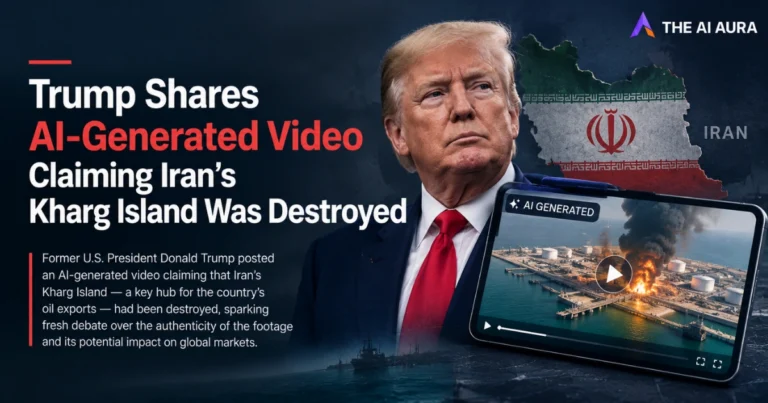 Graphic featuring Donald Trump, a map of Iran, and a smartphone displaying an AI-generated video of an oil facility explosion, with the headline: “Trump Shares AI-Generated Video Claiming Iran’s Kharg Island Was Destroyed.”