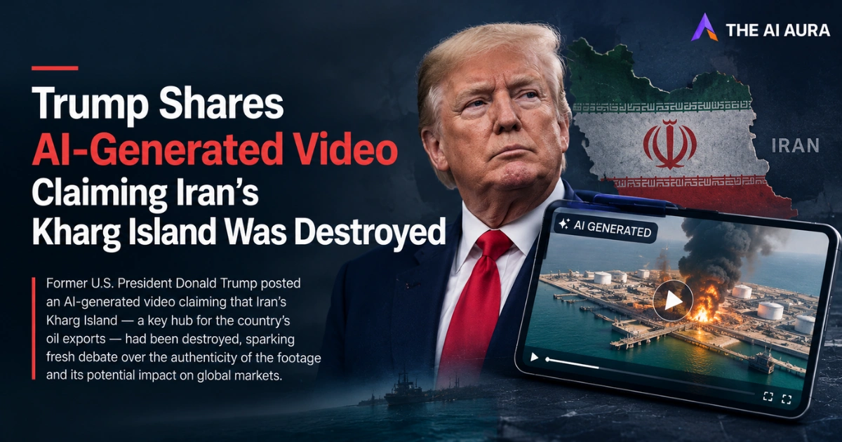 Graphic featuring Donald Trump, a map of Iran, and a smartphone displaying an AI-generated video of an oil facility explosion, with the headline: “Trump Shares AI-Generated Video Claiming Iran’s Kharg Island Was Destroyed.”