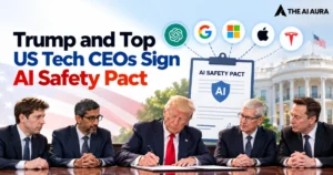 Graphic showing Trump and US tech CEOs signing an AI safety pact.