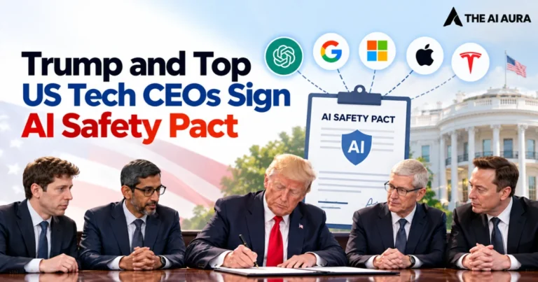 Graphic showing Trump and US tech CEOs signing an AI safety pact.