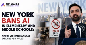 New York AI ban in K-8 schools, featuring Mayor Zohran Mamdani and a “No AI” school sign.