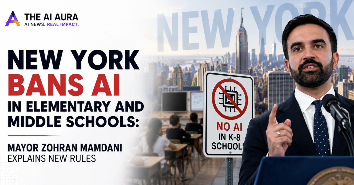 New York AI ban in K-8 schools, featuring Mayor Zohran Mamdani and a “No AI” school sign.
