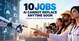 10 jobs AI cannot replace anytime soon, featuring healthcare professionals, engineers, photographers, and other human-led careers alongside AI robotics.