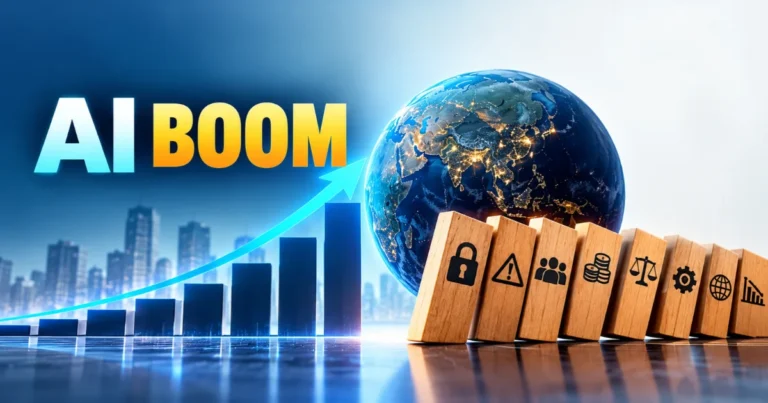 AI boom highlights global growth and major risks, featuring Earth, a rising growth chart, and wooden blocks symbolizing security, ethics, finance, regulation, and technology challenges.