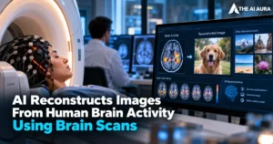 AI reconstructs images from human brain activity using brain scans, displaying neural patterns, MRI data, and AI-generated visual interpretations.