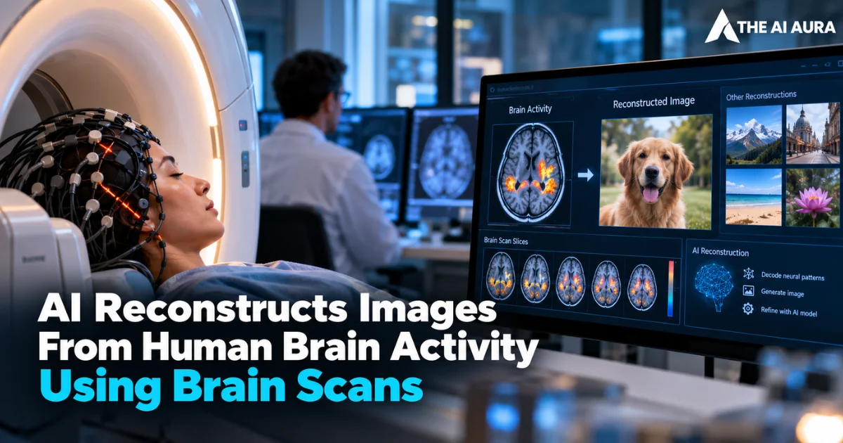 AI reconstructs images from human brain activity using brain scans, displaying neural patterns, MRI data, and AI-generated visual interpretations.