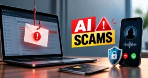 AI Scams Warning: A cybersecurity banner highlighting phishing emails, AI-powered voice scams, suspicious phone calls, and digital protection against online fraud.