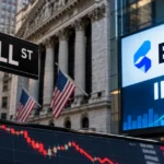 Wall Street and Elice IPO spotlight the AI stock market, featuring financial charts, American flags, and a rising IPO growth graph against a backdrop of falling stock prices.