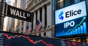 Wall Street and Elice IPO spotlight the AI stock market, featuring financial charts, American flags, and a rising IPO growth graph against a backdrop of falling stock prices.