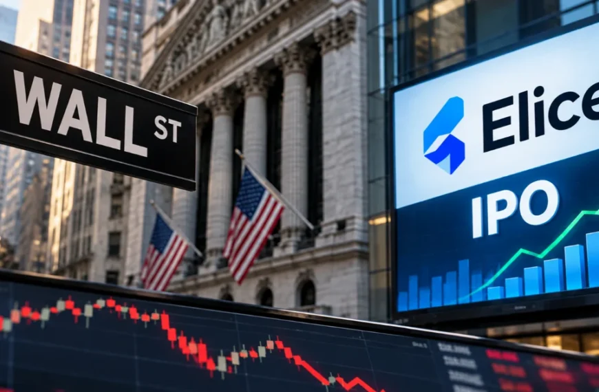 Wall Street and Elice IPO spotlight the AI stock market, featuring financial charts, American flags, and a rising IPO growth graph against a backdrop of falling stock prices.