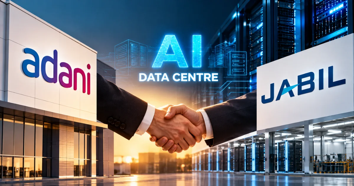 Adani Enterprises and Jabil partner to develop AI data centre infrastructure, symbolized by a handshake between corporate buildings and advanced server facilities.
