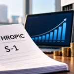 Anthropic S-1 filing highlights rising revenue, growing computing costs, stacked coins, a financial growth chart, and AI-related risks.