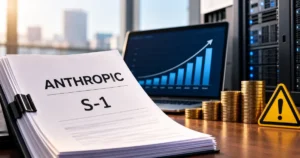 Anthropic S-1 filing highlights rising revenue, growing computing costs, stacked coins, a financial growth chart, and AI-related risks.