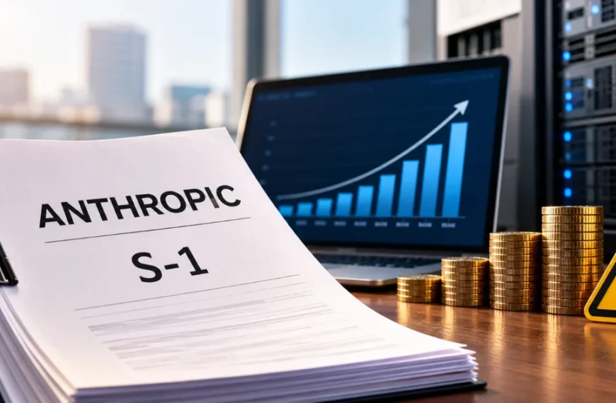 Anthropic S-1 filing highlights rising revenue, growing computing costs, stacked coins, a financial growth chart, and AI-related risks.