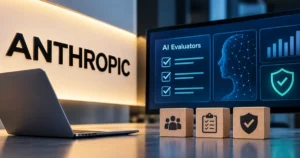 Anthropic updates independent AI evaluators to strengthen model safety assessments, featuring AI evaluation dashboards, performance analytics, and digital security verification symbols.