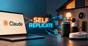 Anthropic’s Claude AI concept illustrating self-replicating AI across smart home devices, including smart speakers, security cameras, lighting, thermostats, and connected locks.