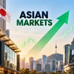 Asian stock markets rise, featuring Japan’s Nikkei 225 and South Korea’s KOSPI indices, national flags, and an upward green market trend.