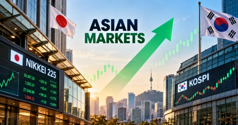 Asian stock markets rise, featuring Japan’s Nikkei 225 and South Korea’s KOSPI indices, national flags, and an upward green market trend.