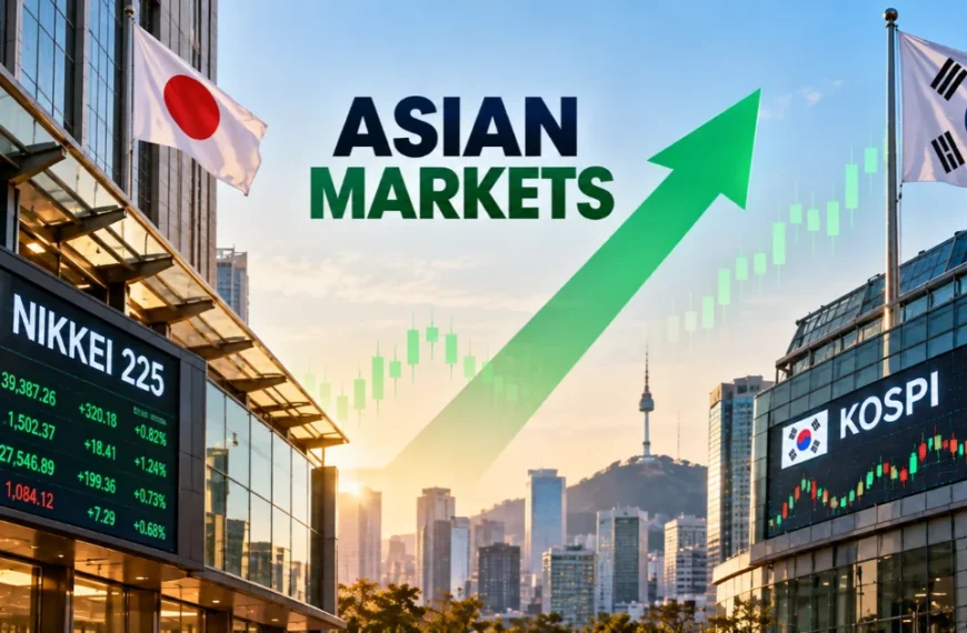 Asian stock markets rise, featuring Japan’s Nikkei 225 and South Korea’s KOSPI indices, national flags, and an upward green market trend.