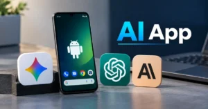 Best AI app for Android featuring a smartphone with the Android logo, alongside Gemini, ChatGPT, and Claude app icons on a clean, modern tech workspace.