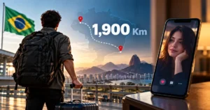 Brazilian man travels 1,900 km to meet his AI-generated girlfriend after selling everything, illustrated by a traveler with luggage, Brazil’s flag, a route map, and a woman displayed on a smartphone.