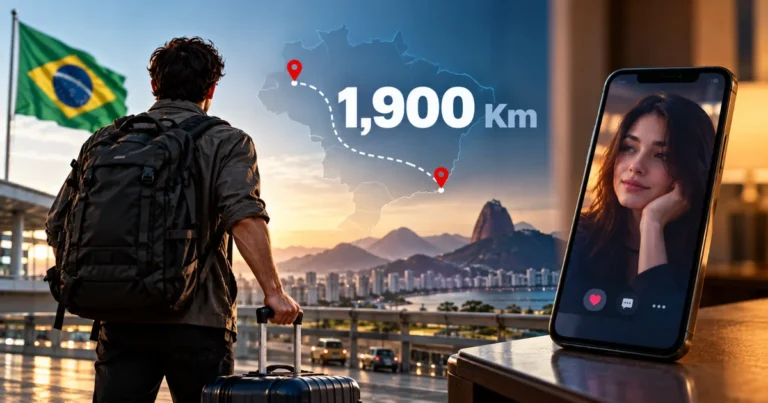 Brazilian man travels 1,900 km to meet his AI-generated girlfriend after selling everything, illustrated by a traveler with luggage, Brazil’s flag, a route map, and a woman displayed on a smartphone.