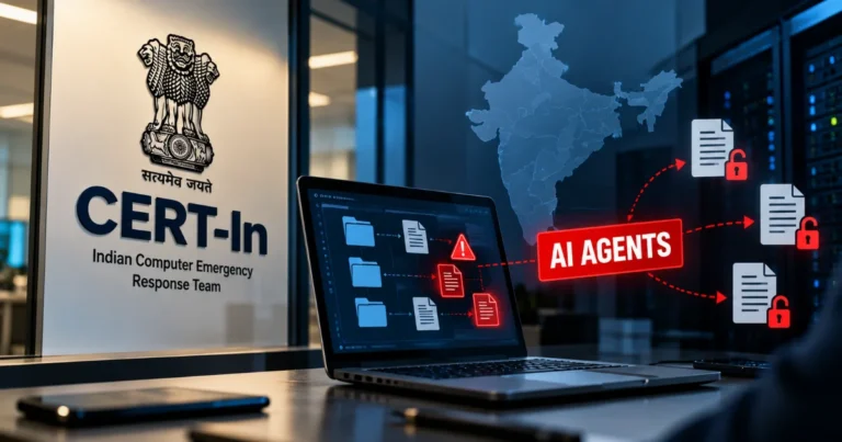 CERT-In warns that AI agents may access confidential Indian company data without permission, illustrated by a cybersecurity dashboard, exposed files, unlocked document icons, and India’s digital infrastructure.