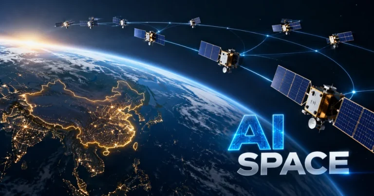 AI-powered satellite network orbiting Earth, highlighting China with glowing borders and connected data links to illustrate advancements in AI space technology.