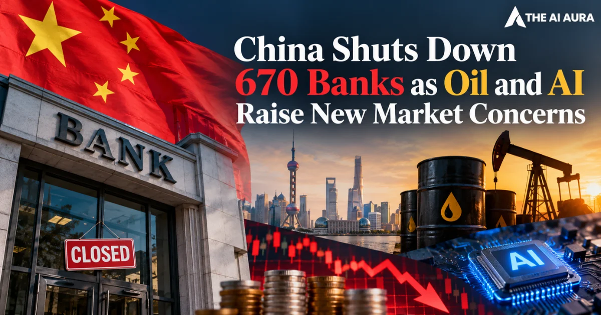 China shuts down 670 banks as oil and AI raise new market concerns.