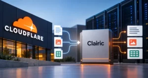 Cloudflare introduces Clairic, a new system of AI extraction models designed to transform documents, images, and structured data into usable information. The technical banner highlights the Clairic processing engine, connected data inputs and outputs, and Cloudflare’s infrastructure.