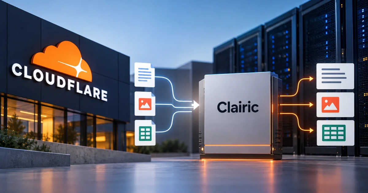 Cloudflare introduces Clairic, a new system of AI extraction models designed to transform documents, images, and structured data into usable information. The technical banner highlights the Clairic processing engine, connected data inputs and outputs, and Cloudflare’s infrastructure.