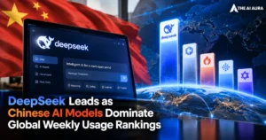 DeepSeek leads Chinese AI models in global weekly usage rankings, shown with China’s flag, AI platforms, and a connected digital world.