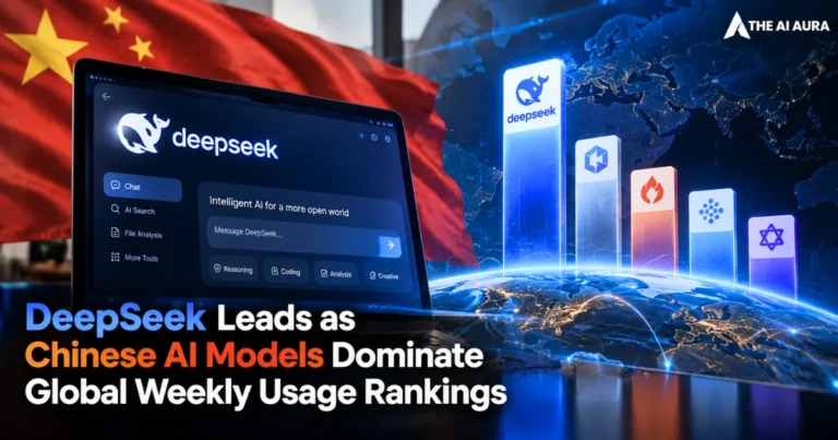 DeepSeek leads Chinese AI models in global weekly usage rankings, shown with China’s flag, AI platforms, and a connected digital world.