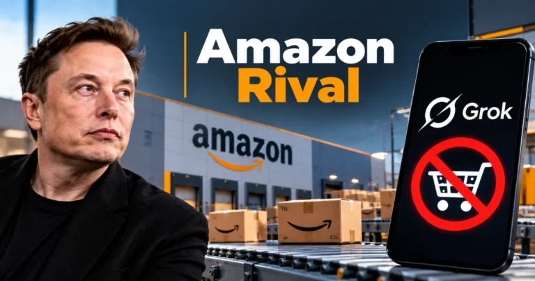 Elon Musk considers an Amazon rival as Grok AI bots face ordering restrictions, featuring Musk, Amazon’s warehouse and delivery boxes, and a smartphone displaying Grok with a blocked shopping cart.