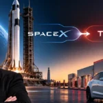 Elon Musk alongside a SpaceX rocket and Tesla electric car, illustrating a potential merger between the aerospace and electric vehicle companies.