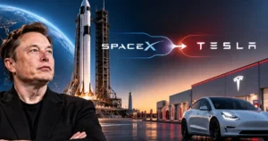 Elon Musk alongside a SpaceX rocket and Tesla electric car, illustrating a potential merger between the aerospace and electric vehicle companies.