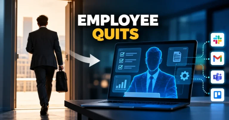 Employee quits his job while an AI avatar continues handling workplace tasks through connected business apps and automated workflows.