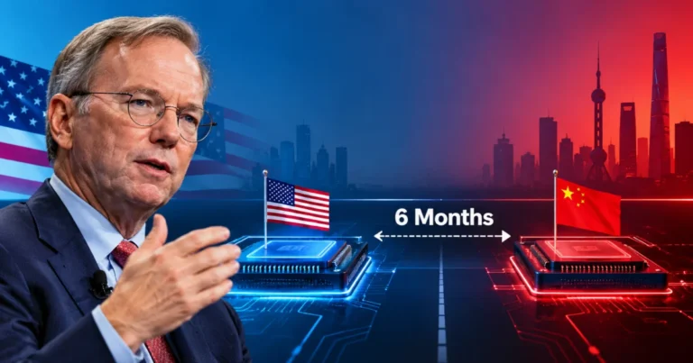 Eric Schmidt says China is six months behind the US in AI development, highlighting the technology race between the two countries.