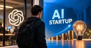 OpenAI startup funding concept featuring an entrepreneur, the OpenAI logo, rising investment coins, and a glowing AI innovation symbol.