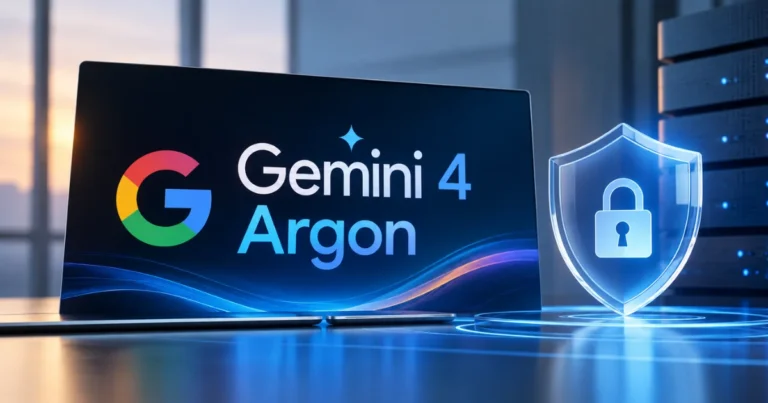 Google Gemini 4 Argon AI safety and security concept featuring a laptop display, glowing protective shield and padlock, and data centre servers.