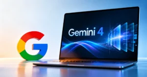 Google Gemini 4 AI model displayed on a laptop beside the Google logo, featuring futuristic blue digital interfaces and glowing data panels.
