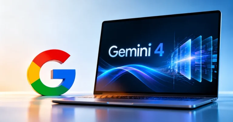Google Gemini 4 AI model displayed on a laptop beside the Google logo, featuring futuristic blue digital interfaces and glowing data panels.