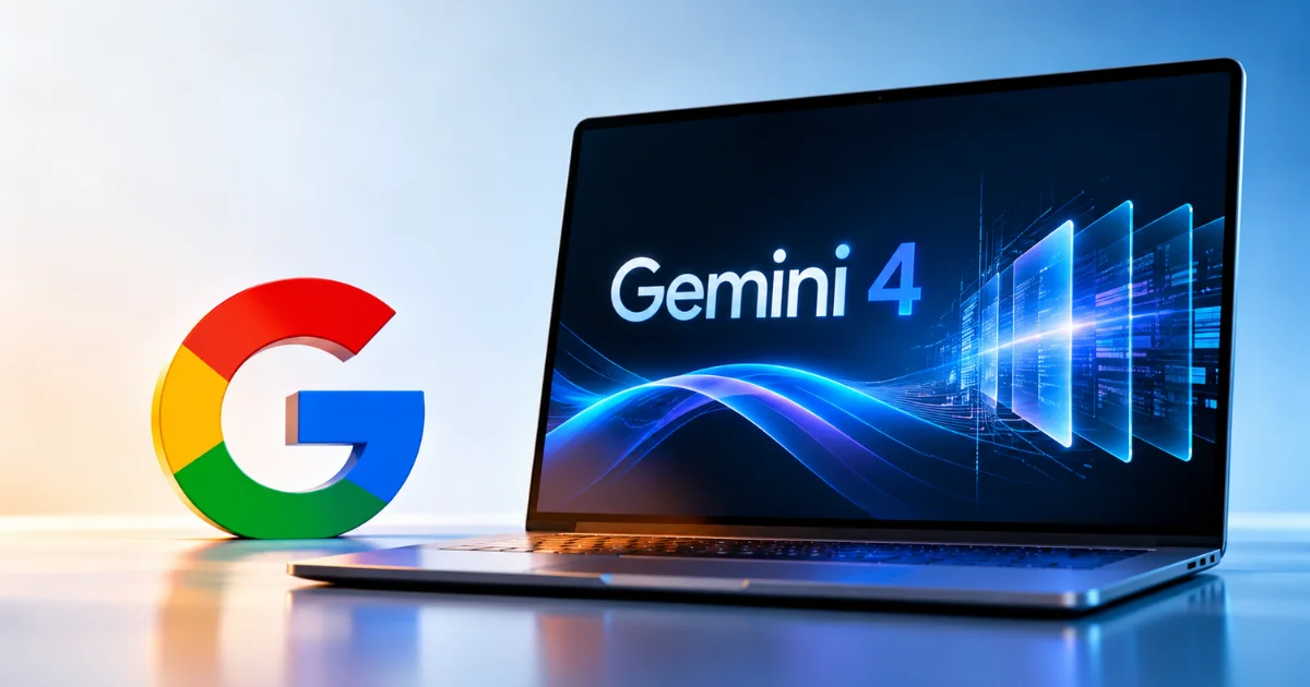 Google Gemini 4 AI model displayed on a laptop beside the Google logo, featuring futuristic blue digital interfaces and glowing data panels.