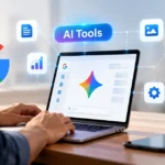 Google Gemini AI tools displayed on a laptop, with connected productivity icons and a small retail shop representing AI applications for businesses.