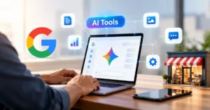 Google Gemini AI tools displayed on a laptop, with connected productivity icons and a small retail shop representing AI applications for businesses.