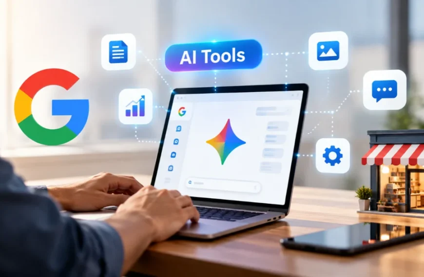 Google Gemini AI tools displayed on a laptop, with connected productivity icons and a small retail shop representing AI applications for businesses.